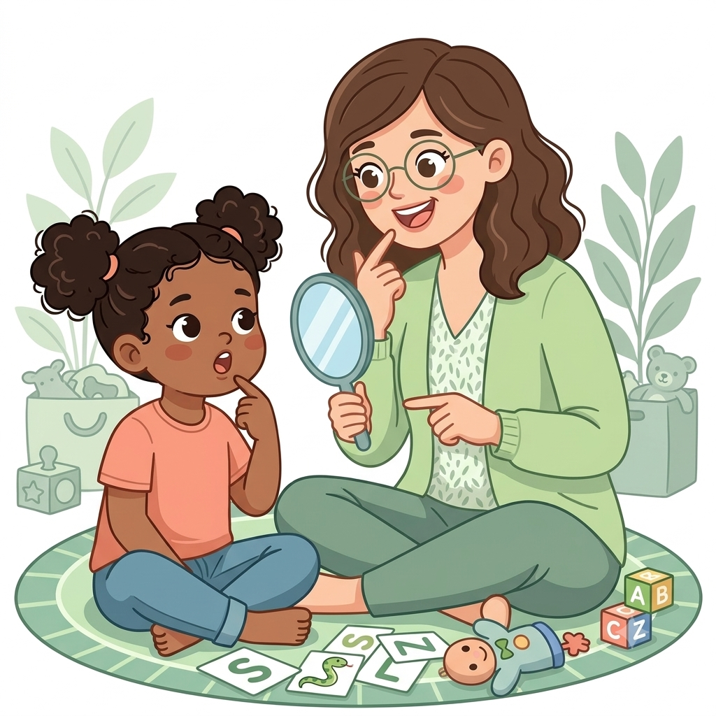Child practicing speech sounds with a therapist